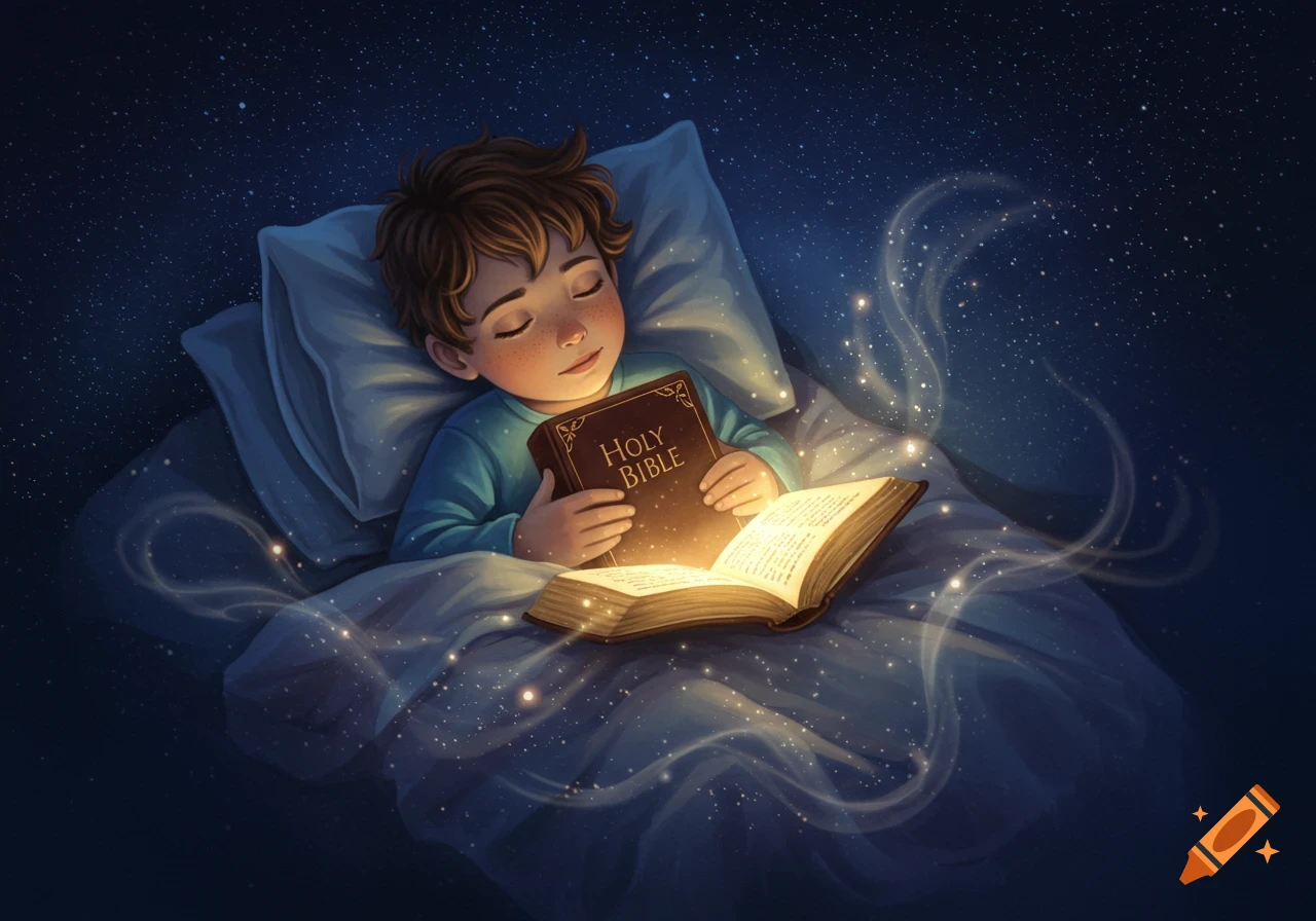 A young boy sleeps peacefully in bed under a starry sky, hugging a "Holy Bible" as another glowing book emits magic beside him.