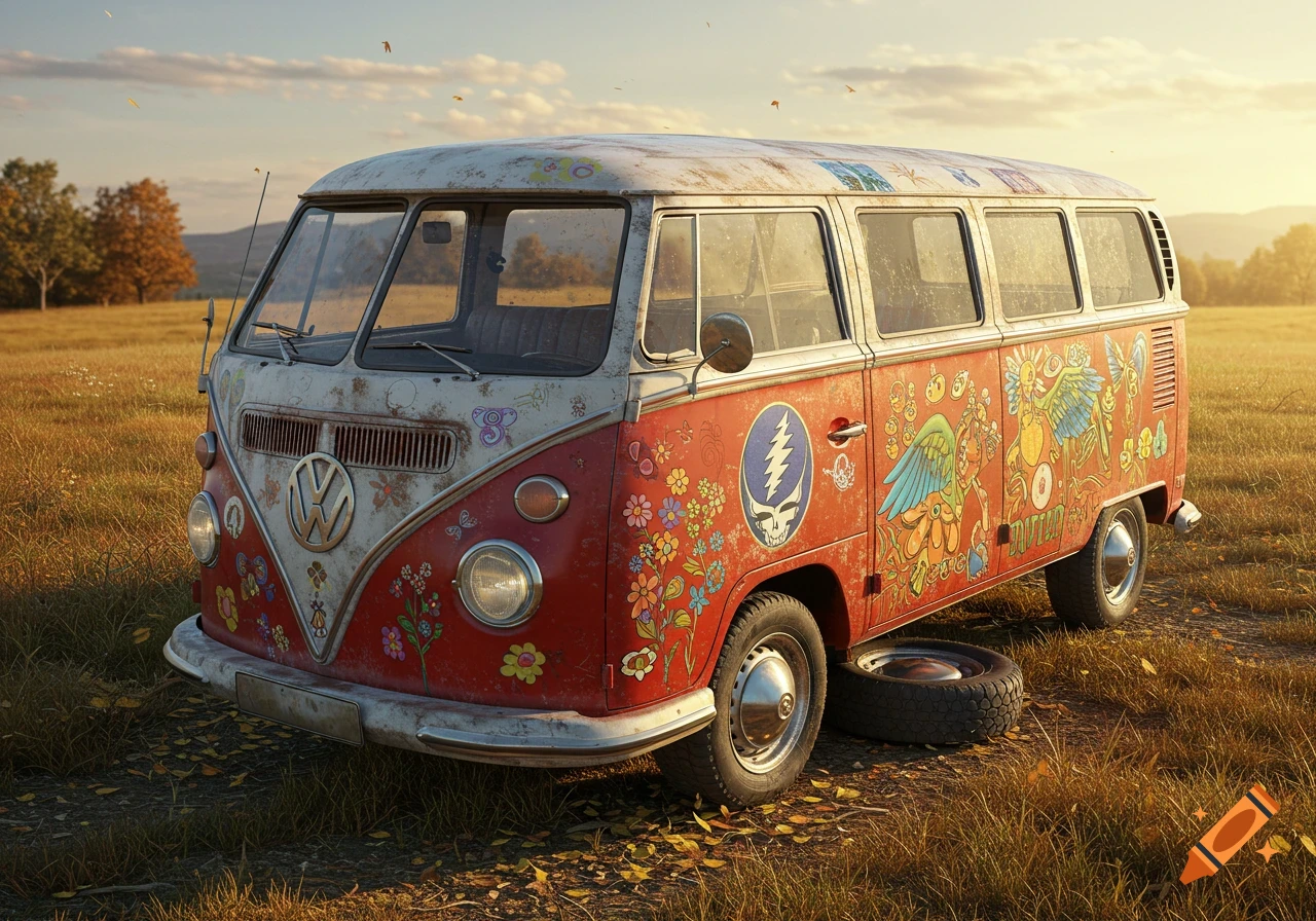 A vintage red and white Volkswagen bus with psychedelic flower and Grateful Dead skull art, parked in a golden grassy field at sunset.
