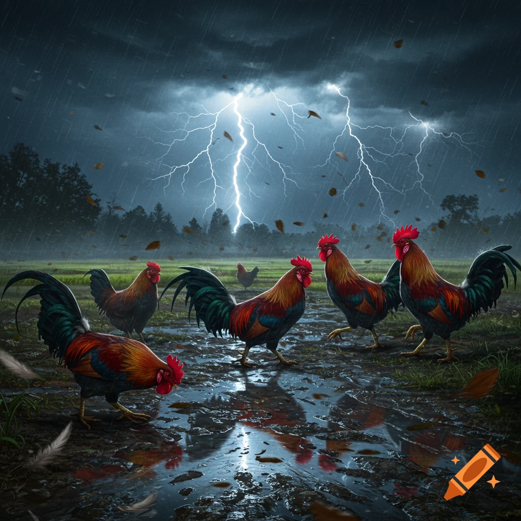 Several colorful roosters stand in a muddy field during a severe thunderstorm with lightning.