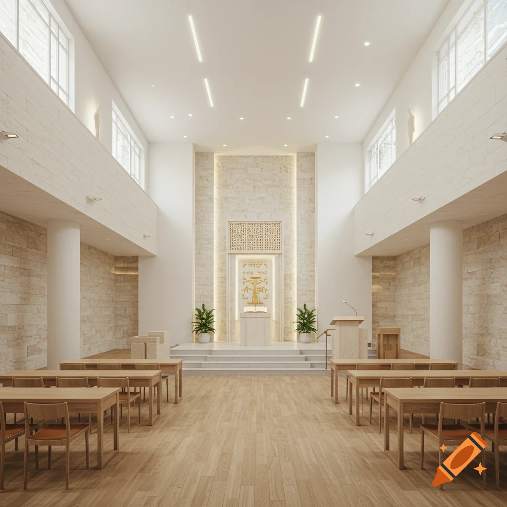 Modern, minimalist synagogue interior with light-toned wood, white walls, stone accents, and an illuminated Aron Kodesh.