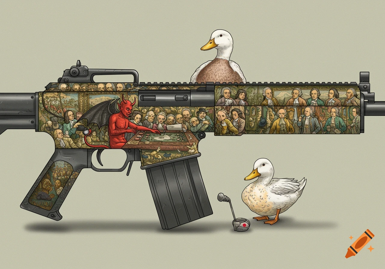 An assault rifle with an intricate rococo-style engraving depicting a red devil playing backgammon with many historical figures. A duck stands on top of the rifle, and another duck with a microphone is on the ground beside it.