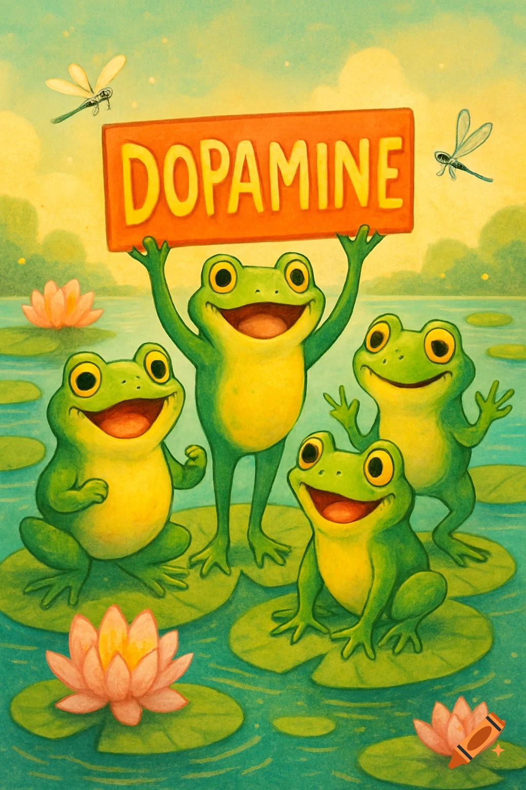 A cartoon illustration of four happy green frogs in a pond with lily pads, one holding an orange sign that says 'DOPAMINE'. Dragonflies fly in the yellow sky.