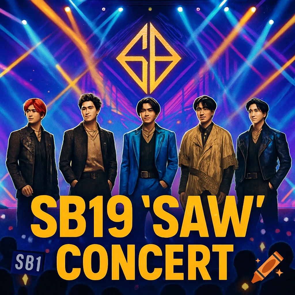 Five male performers of the boy band SB19 stand on a concert stage with colorful lights, text reads "SB19 'SAW' CONCERT".