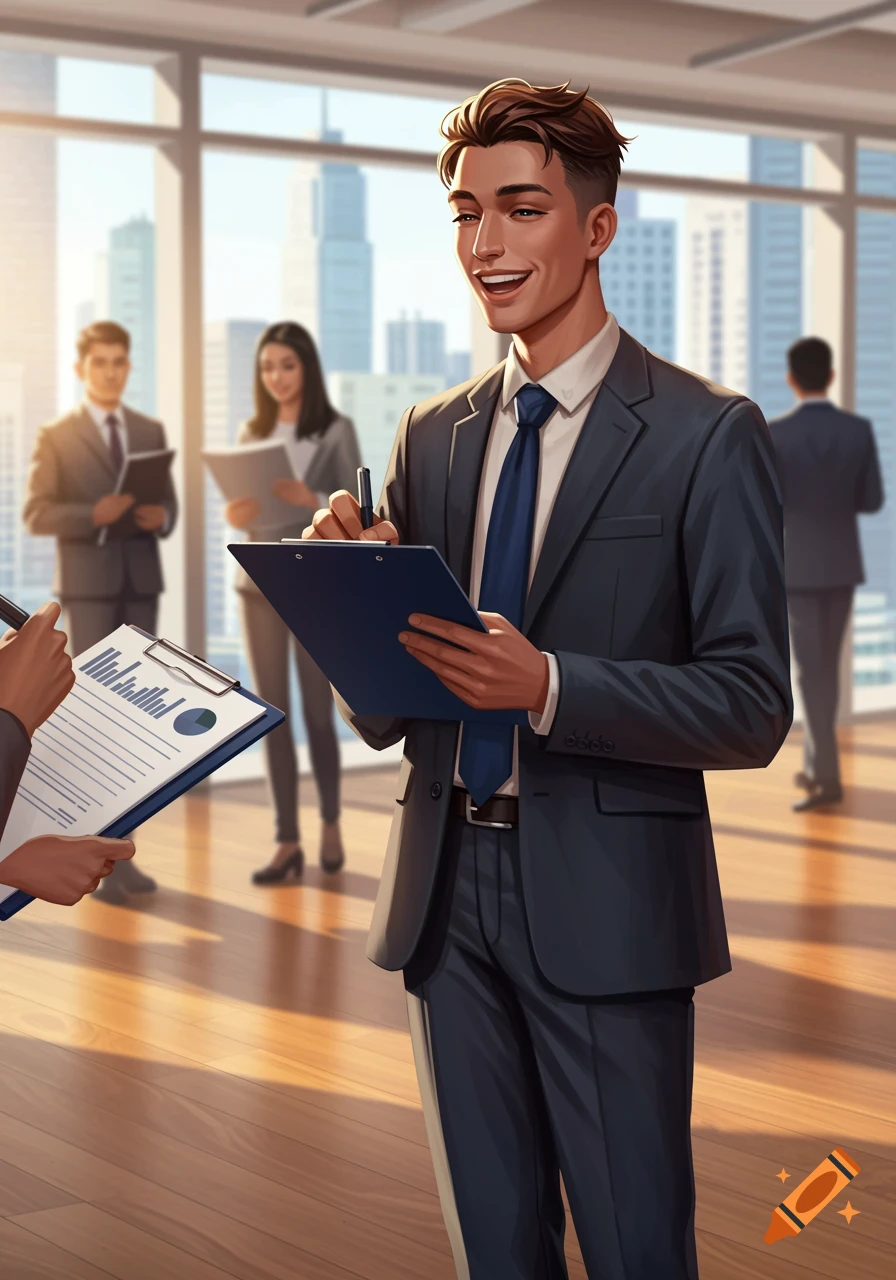 Stylized illustration of a smiling man in a suit writing on a clipboard, surrounded by other business people in an office.