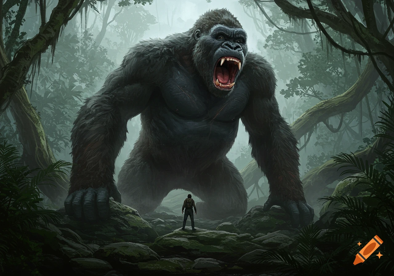 A giant roaring gorilla stands over a small human in a misty jungle, looking down at them.