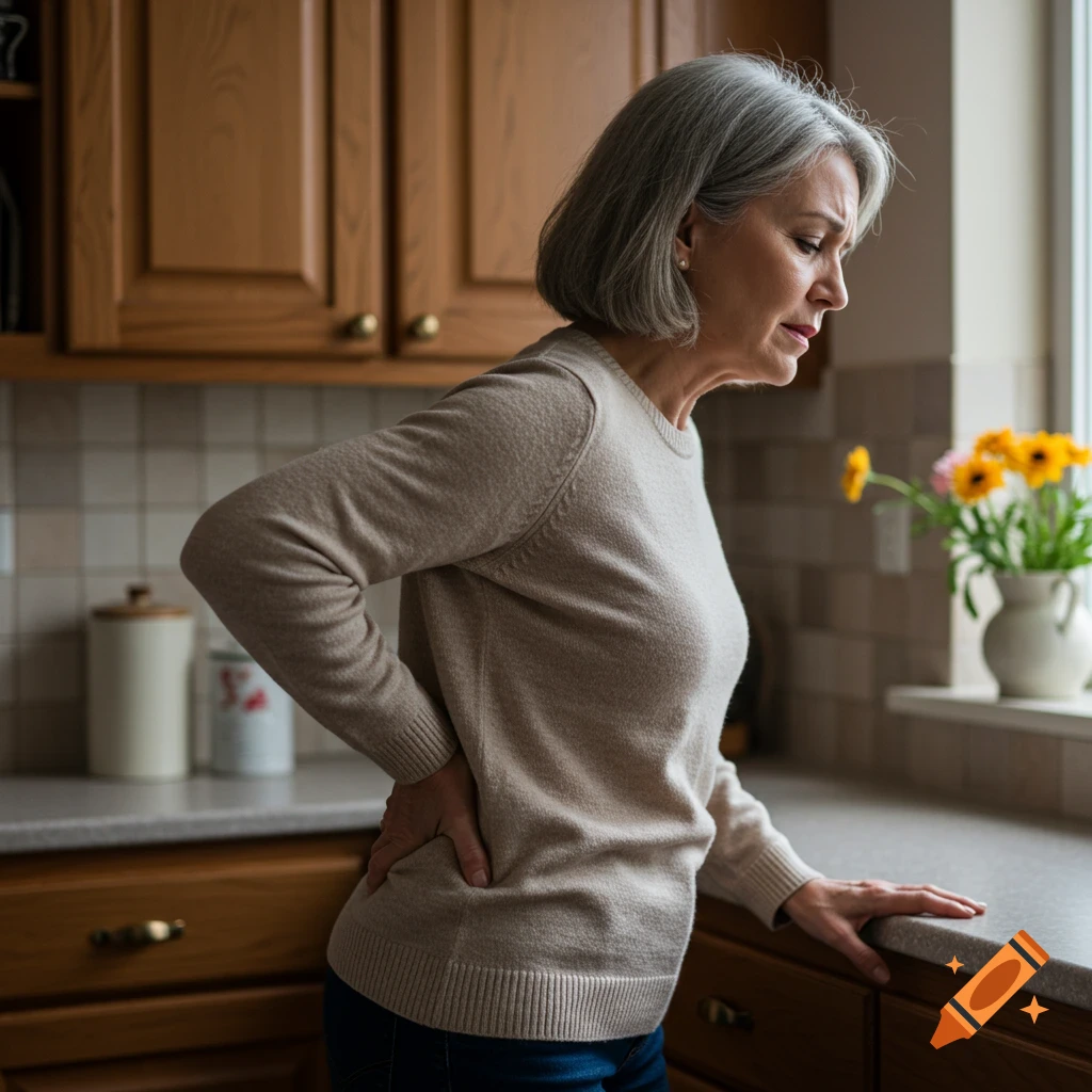 Elderly woman in a kitchen holding her lower back in pain, looking distressed.