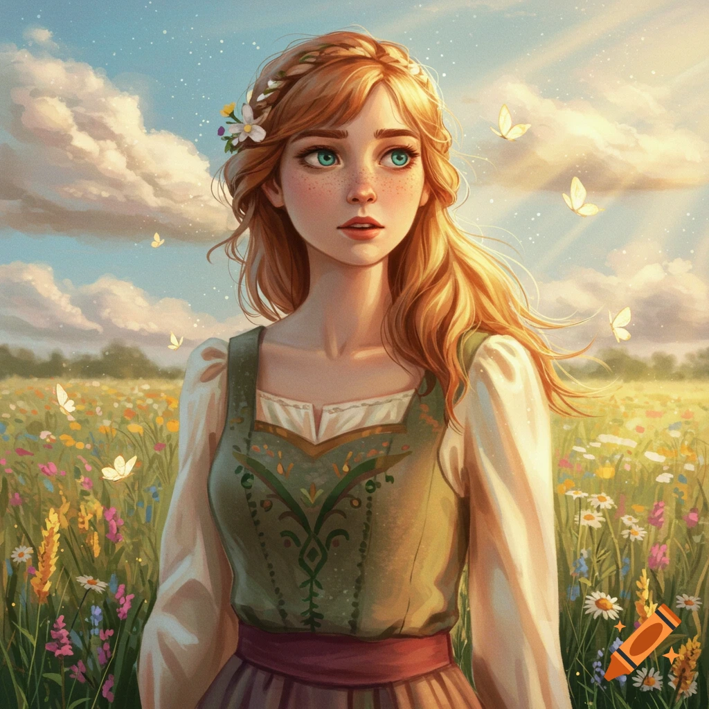 Stylized illustration of a young woman with long blonde hair and freckles, wearing a green dress, standing in a sunny field of wildflowers with butterflies.