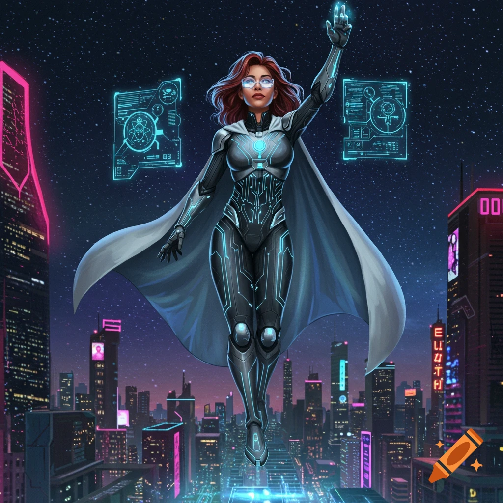 A female superhero in a futuristic suit and cape floats above a neon-lit cyberpunk city at night under a starry sky, raising her hand.