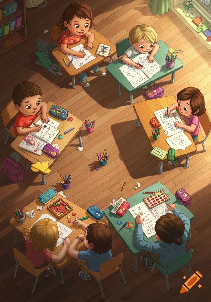 An overhead view of several diverse children sitting at individual wooden desks, happily drawing and coloring on papers in a sunlit classroom.