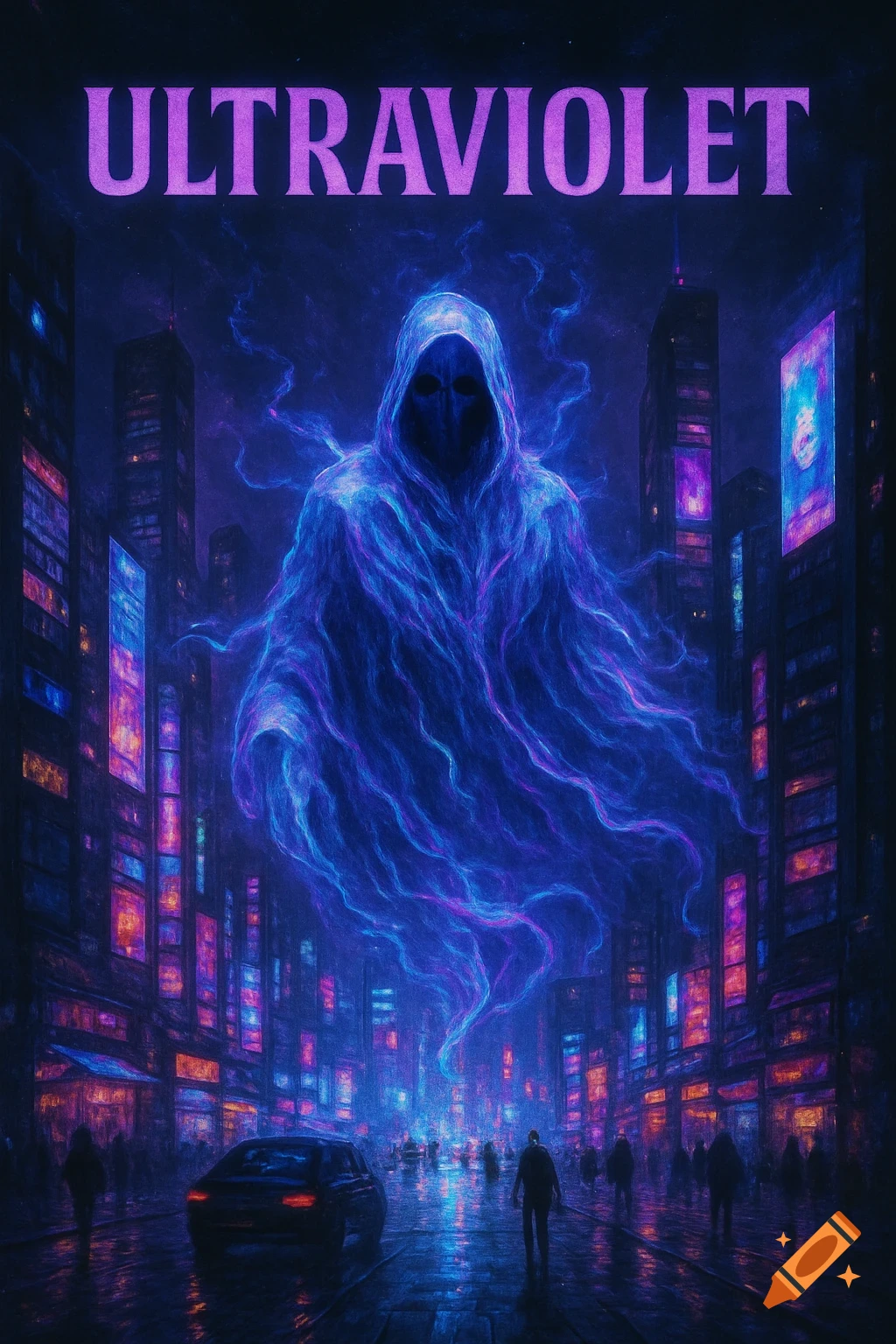 A large glowing purple ghostly figure hovers over a dark cyberpunk city street with neon lights and pedestrians. The word 'ULTRAVIOLET' is at the top.