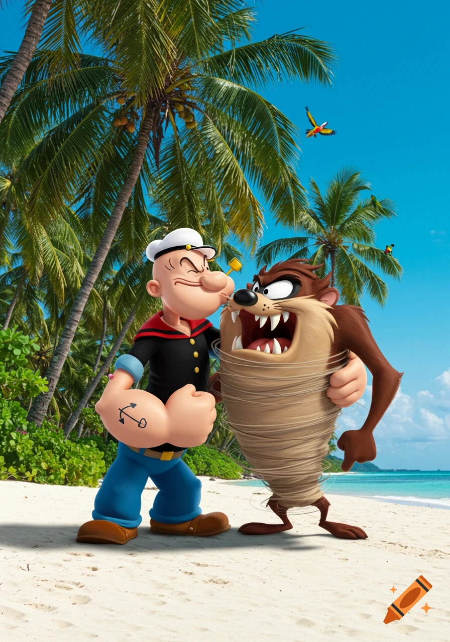 Popeye leans in to kiss a snarling Tasmanian Devil on a tropical beach with palm trees.