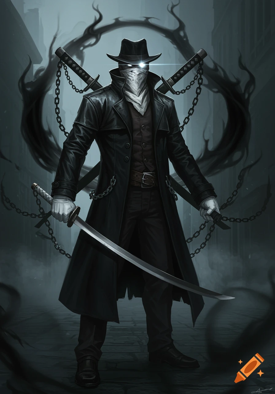 A mysterious character in a black trench coat, fedora, and white bandana, with glowing white eyes, holding a katana amidst dark chains and an aura.