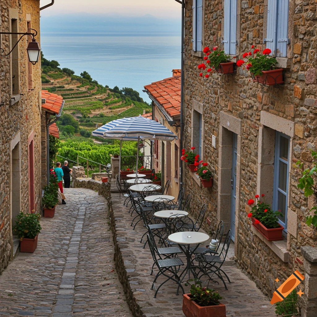 A narrow cobblestone street in a French hillside village with an outdoor cafe, overlooking the sea and terraced vineyards.
