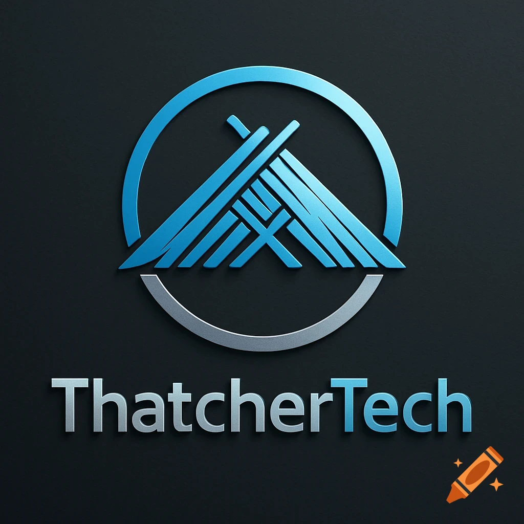 Blue and silver ThatcherTech logo with an abstract, geometric symbol above the company name on a dark background.