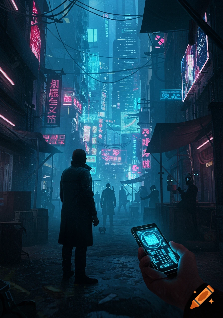 A person in a trench coat stands in a dark, rain-slicked cyberpunk alleyway, illuminated by glowing neon signs, while another hand in the foreground holds a glowing futuristic phone.
