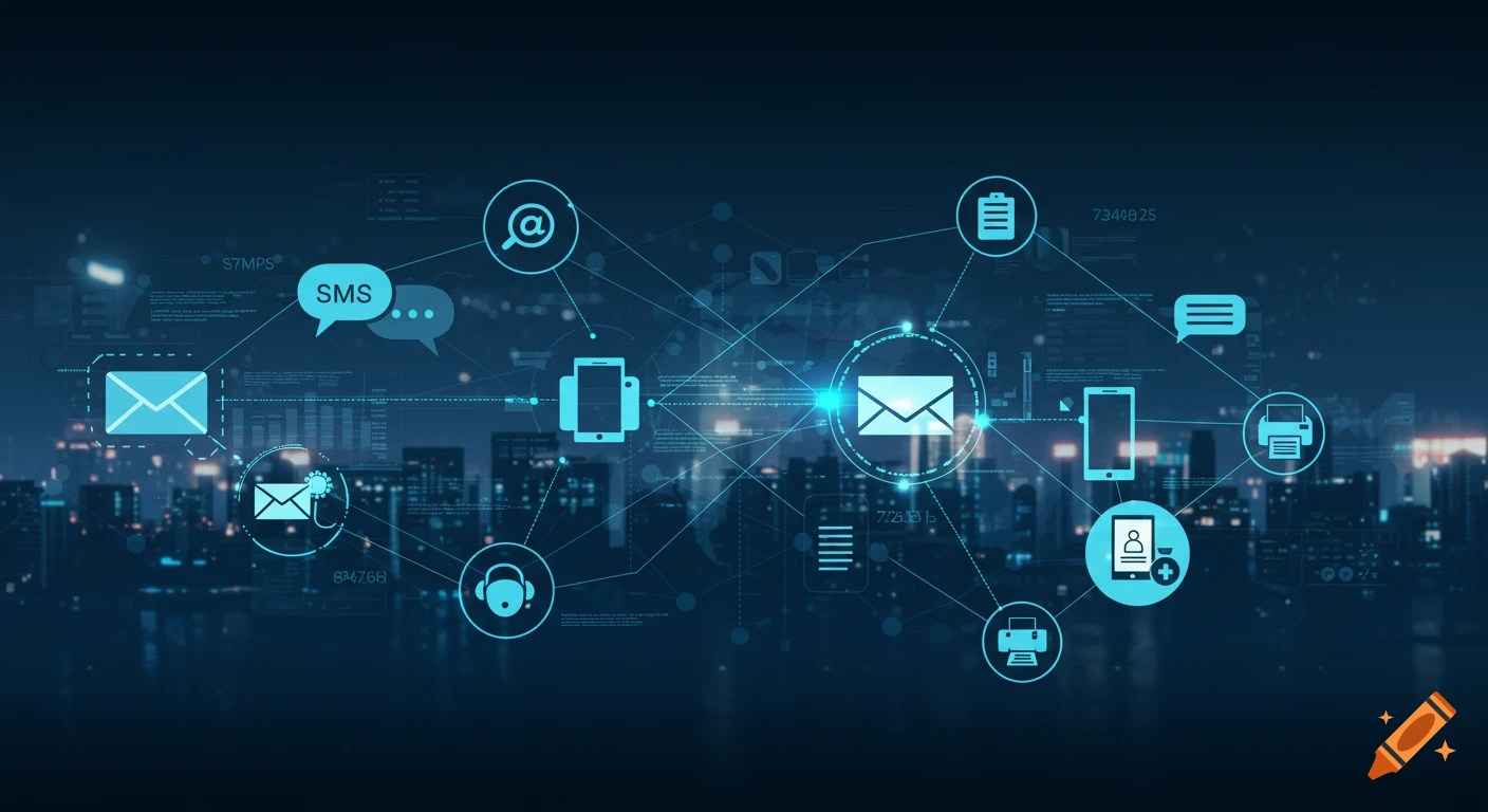 Digital communication network with glowing icons for email, SMS, phone, and other services connected by lines over a blurred city background.