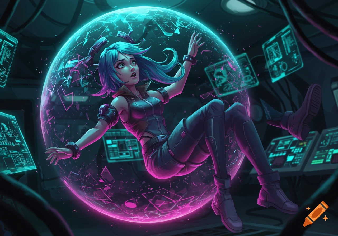 A blue-haired anime girl in a sci-fi outfit floats in a glowing pink and blue stasis field within a futuristic control room.