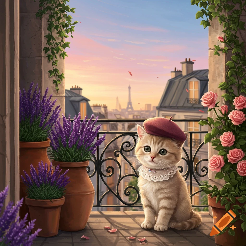 A cute tabby kitten in a beret and lace collar sits on a Parisian balcony with flowers, overlooking the Eiffel Tower at sunset.