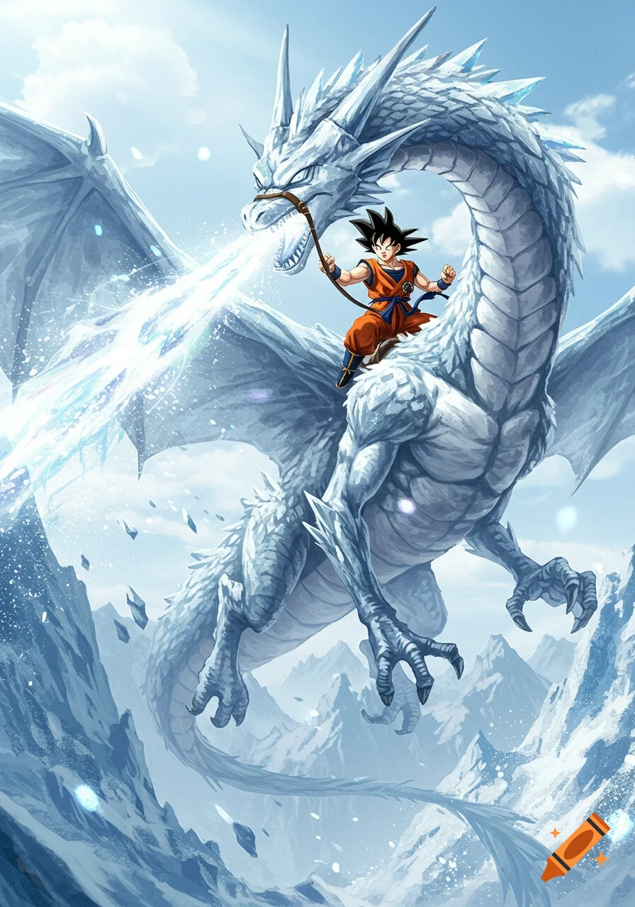 Goku rides a majestic white icy dragon breathing frost in a snowy mountain landscape, anime style.