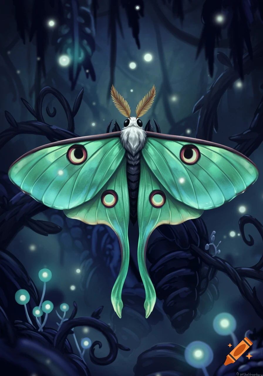 A vibrant green luna moth with large eye-spots and feathery antennae hovers in a dark, glowing fantasy forest with bioluminescent plants.