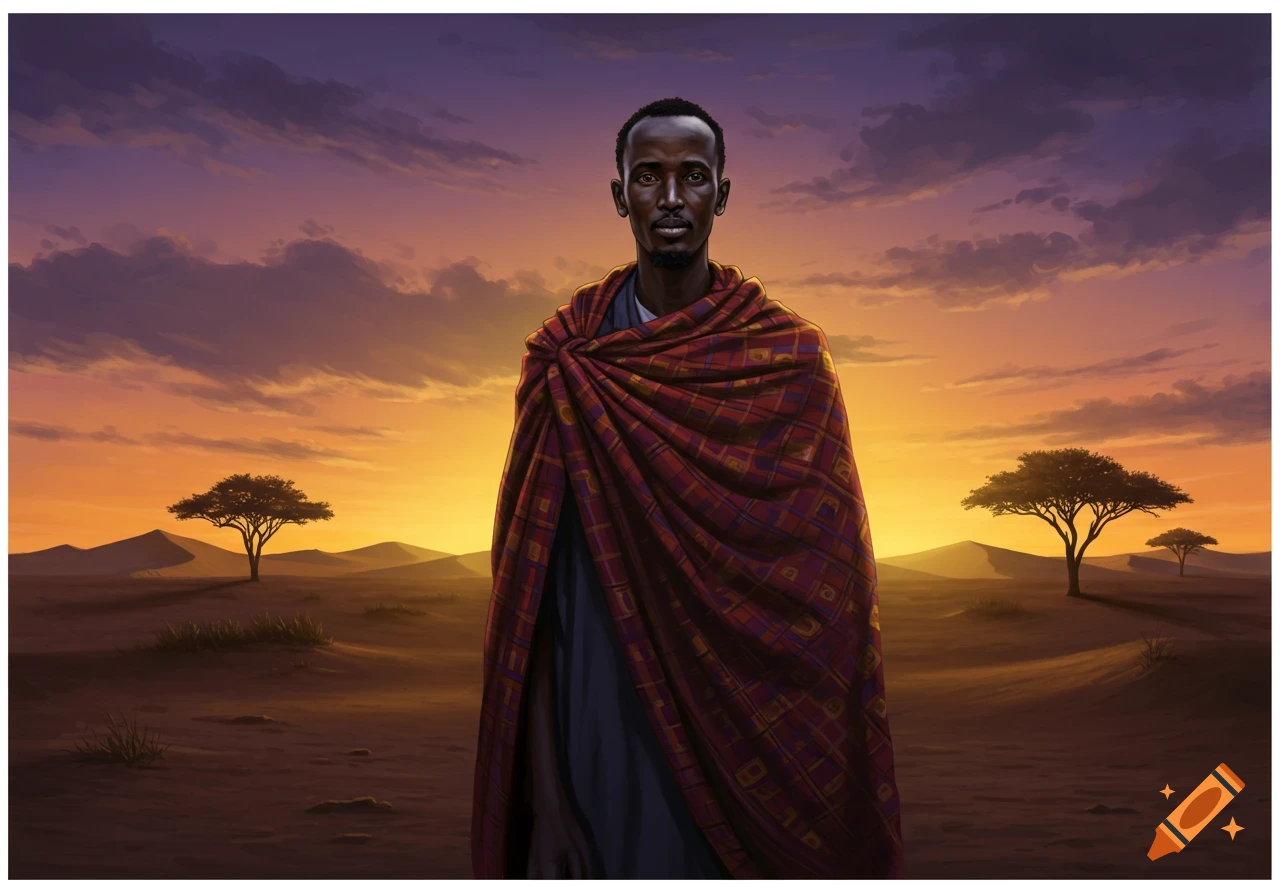 A Somali man in traditional attire stands in a desert landscape at sunset. The sky is a mix of orange and purple hues.