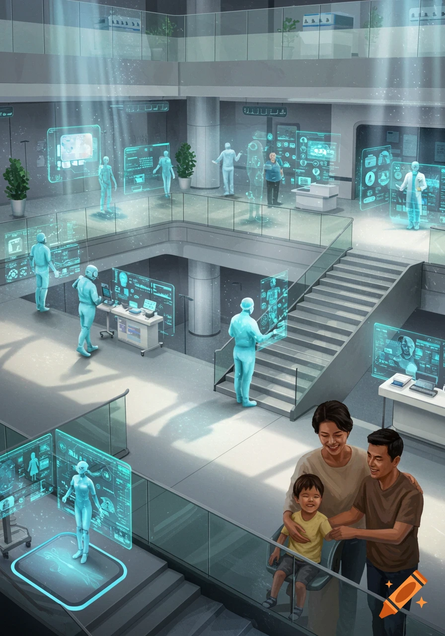 An overhead view of a multi-level futuristic hospital, with holographic displays and translucent figures, and a family watching from a lower level.