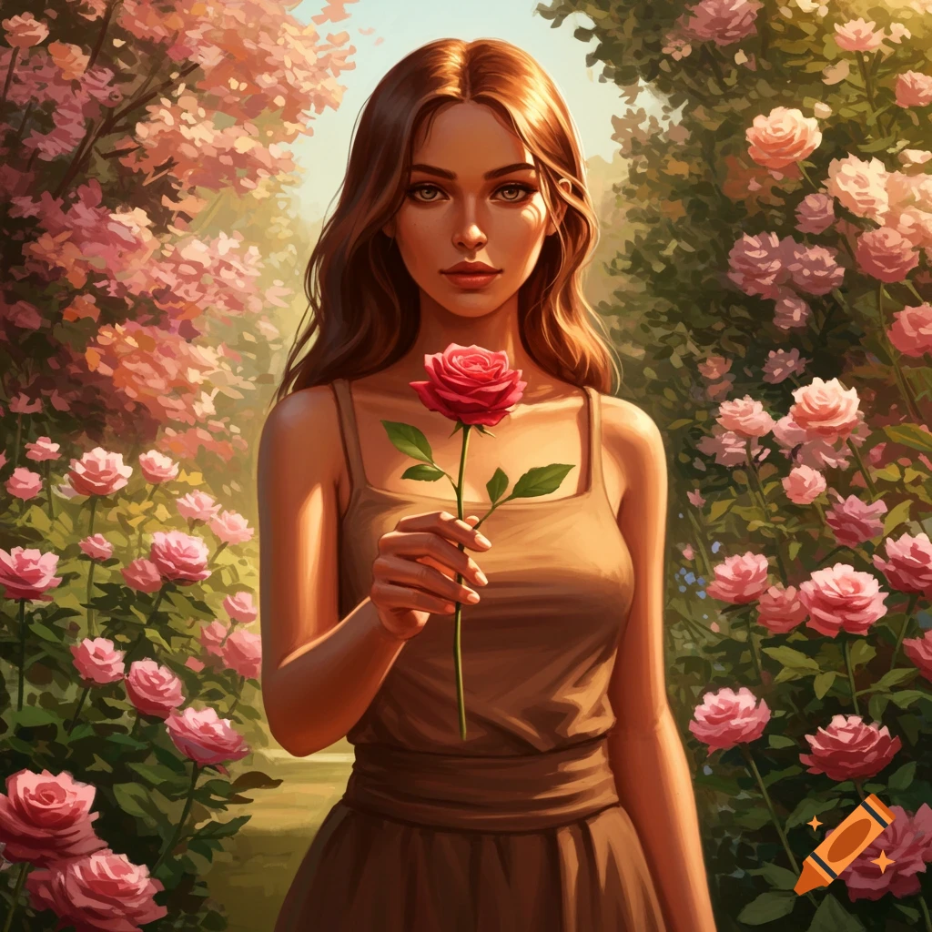A beautiful woman with long brown hair stands in a rose garden, holding out a single red rose. Digital art style.