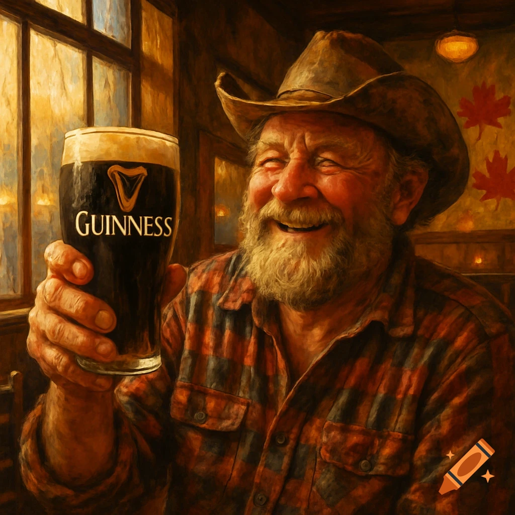 A smiling, bearded man in a cowboy hat holds up a pint of Guinness in a warmly lit, rustic pub setting.