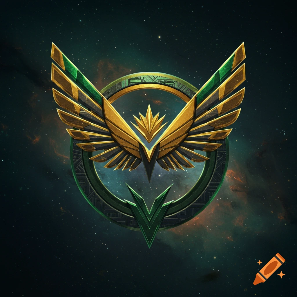 A gold and green emblem featuring stylized wings and a starburst, set against a dark cosmic background with nebulae and stars.