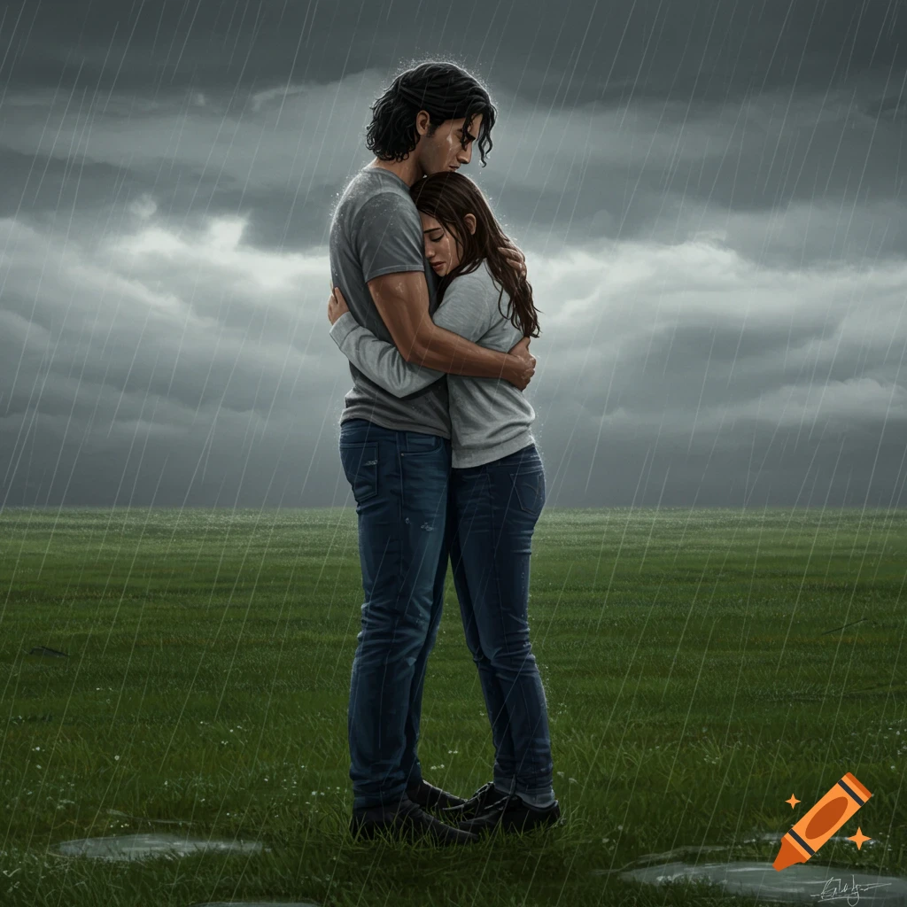 An illustration of a man and a woman hugging tightly in a rainy, green field under a cloudy sky, appearing to grieve.