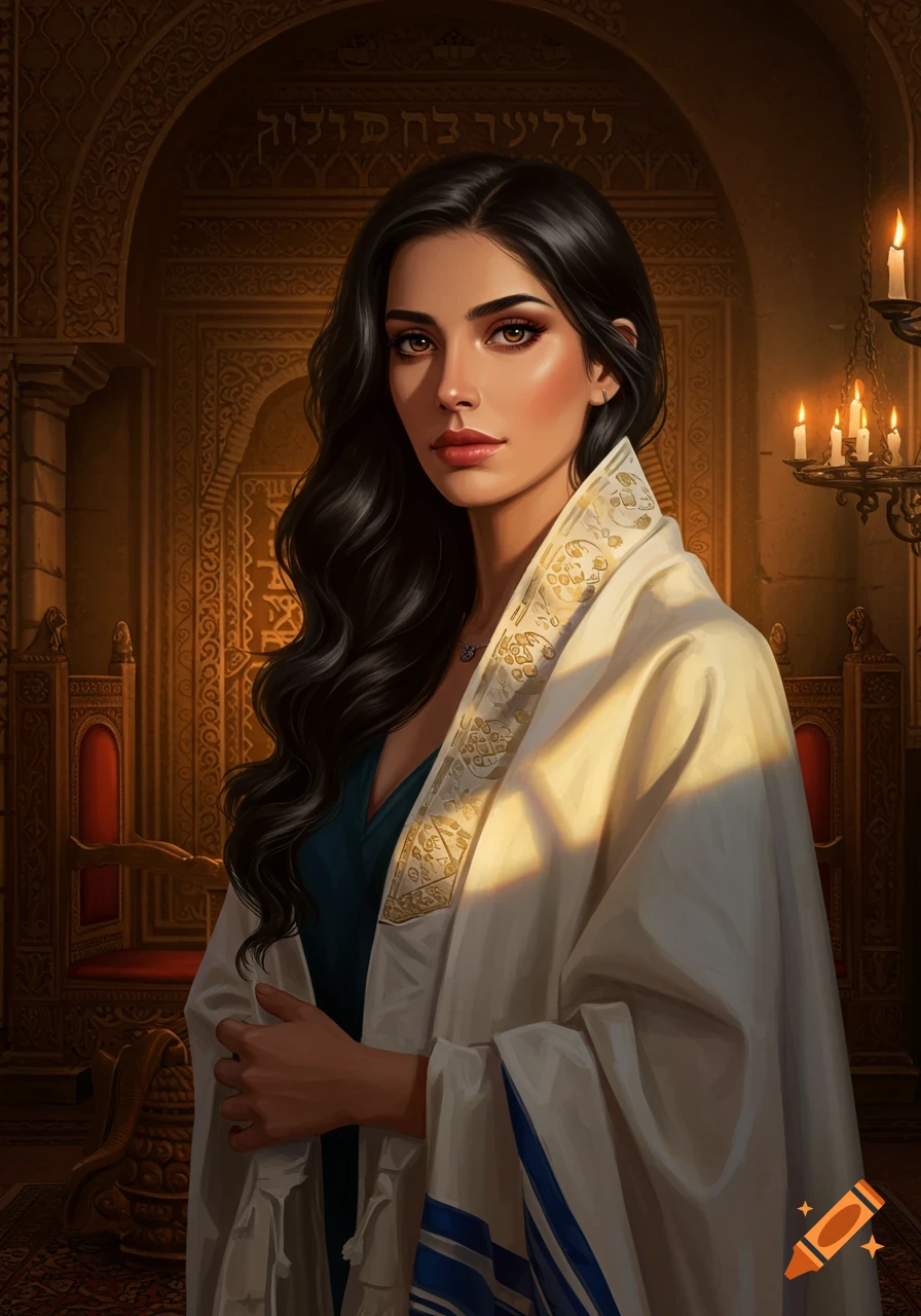 A woman with dark hair wearing a white and gold shawl in an ornate, candlelit room with Hebrew text on the wall.