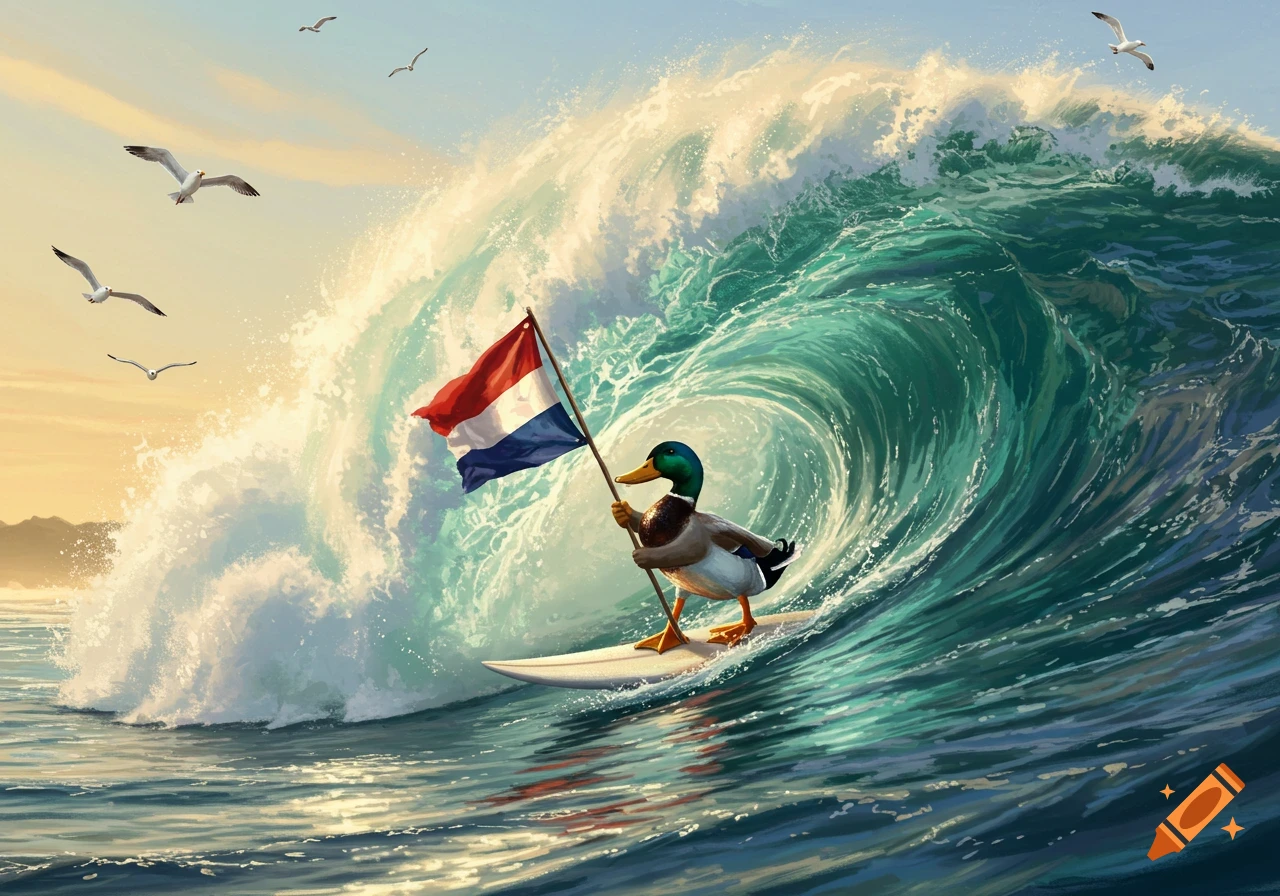 A mallard duck surfs a large wave while holding a Dutch flag. Seagulls fly in the background.