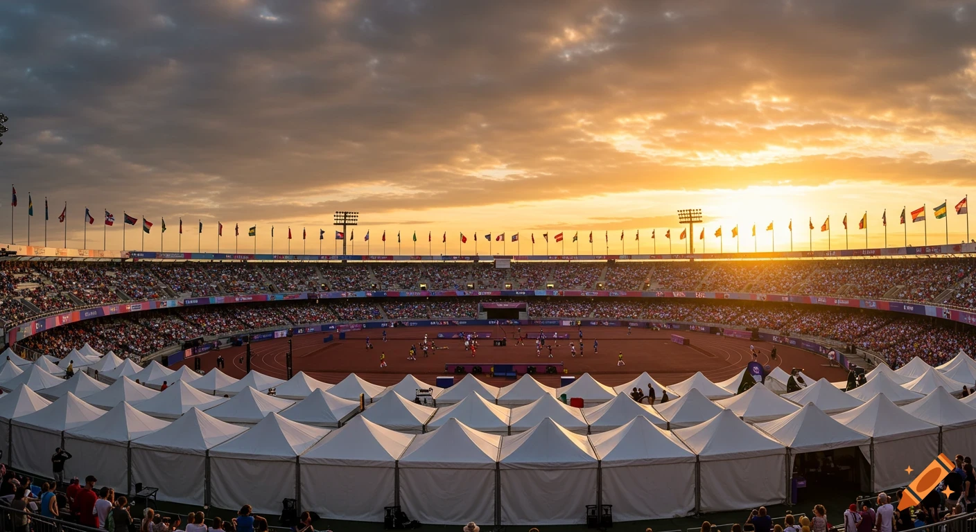 A crowded Olympic stadium at sunset, with a track and field arena, spectators in stands, and many white tents in the foreground.