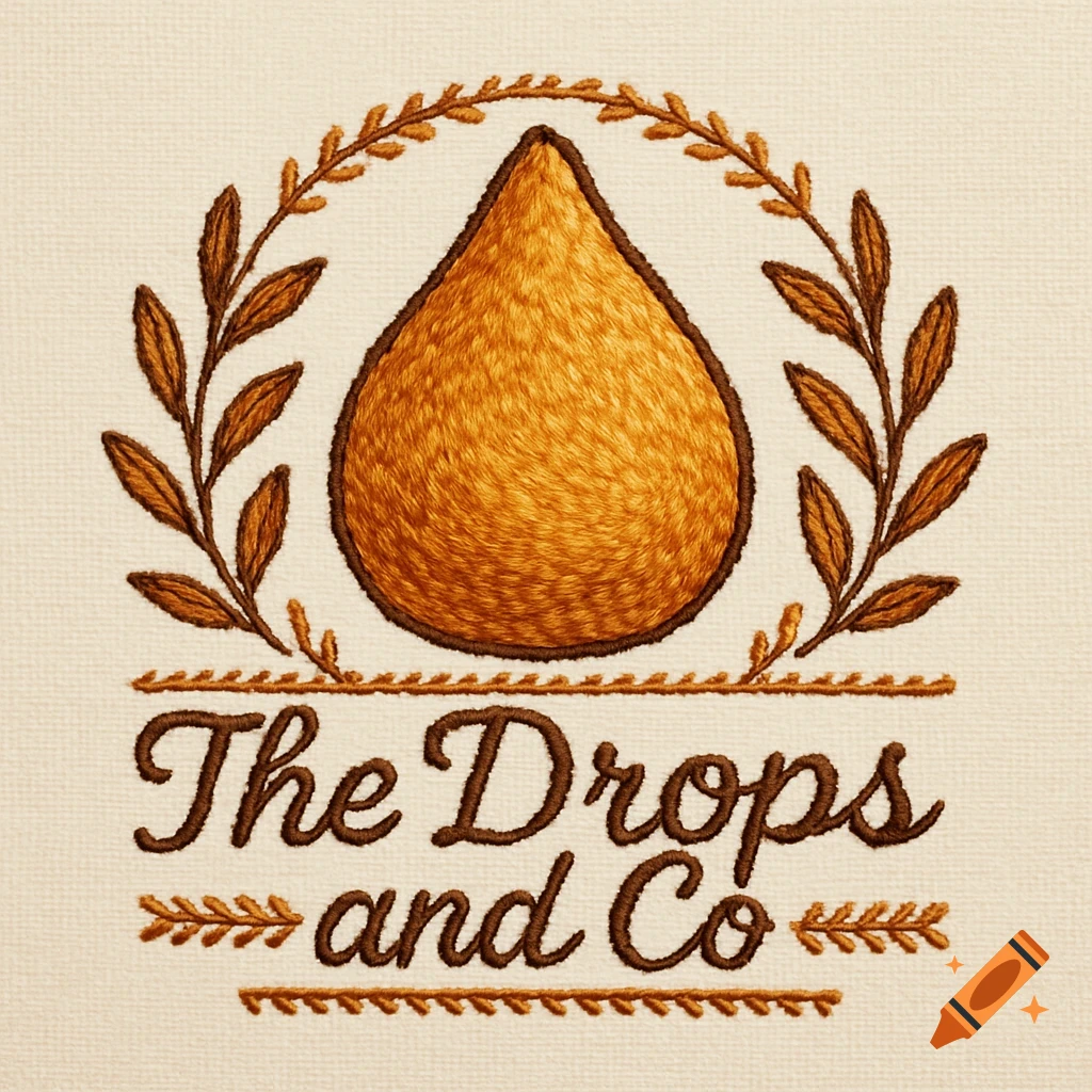 Embroidery style logo featuring a golden brown teardrop shape (coxinha) encircled by a wreath of brown leaves, with 'The Drops and Co' text below.