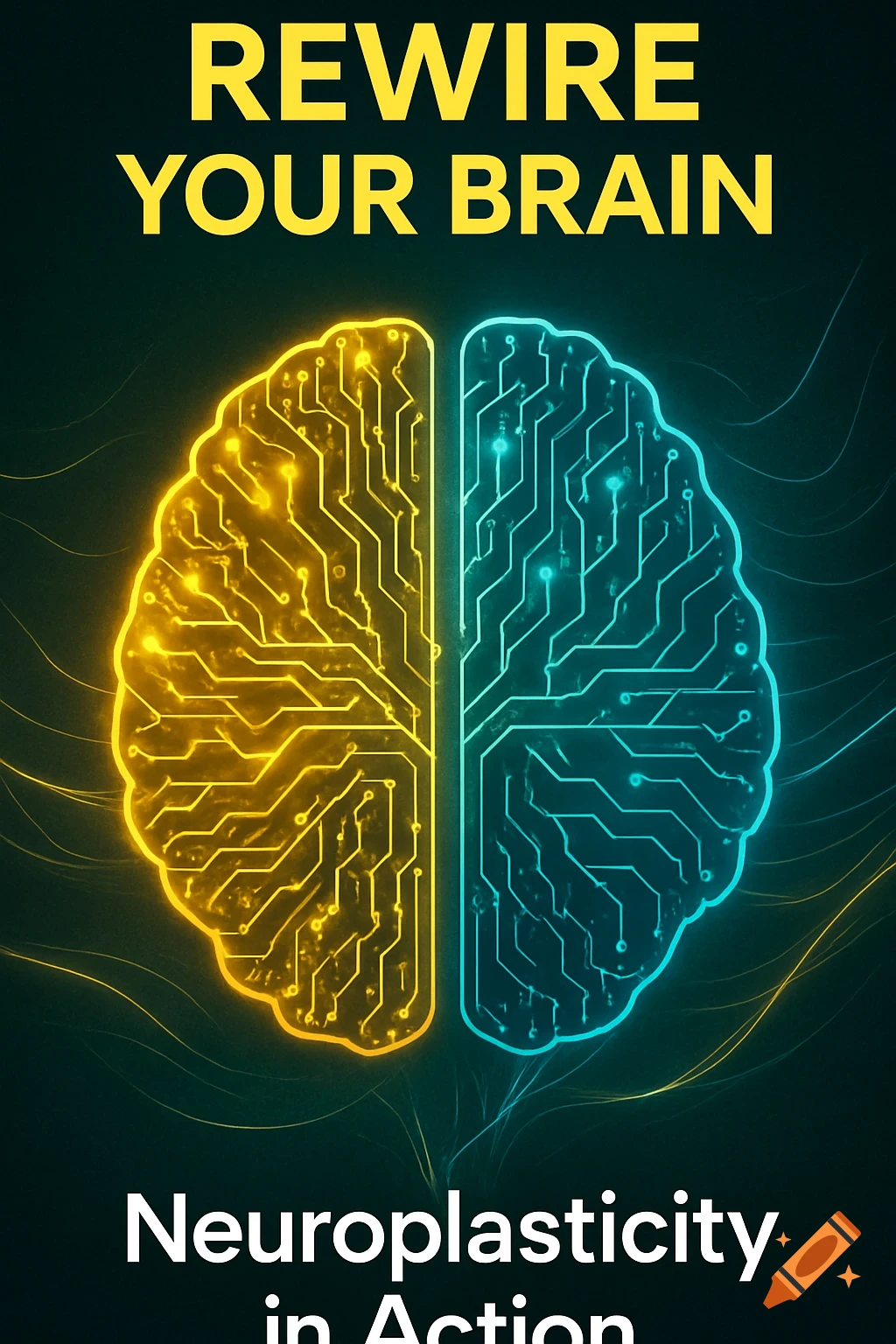 A glowing circuit-board brain, half yellow, half blue, with text 'REWIRE YOUR BRAIN' and 'Neuroplasticity in Action'.