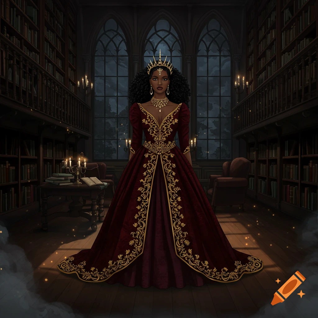 A queen in a regal red and gold gown and crown stands in a dimly lit, grand gothic library with arched windows.