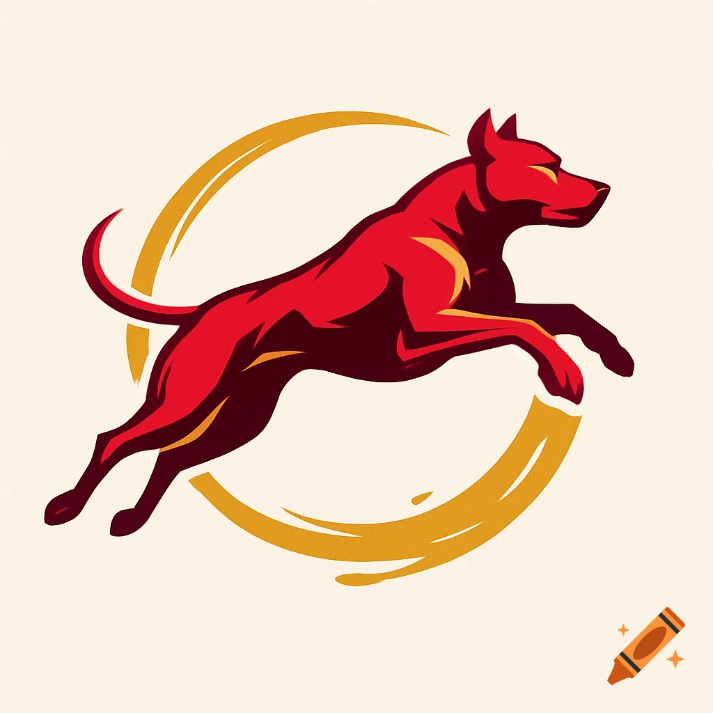 A stylized red dog in mid-leap, with a dark red underside, jumping through a golden circular streak on a light background.