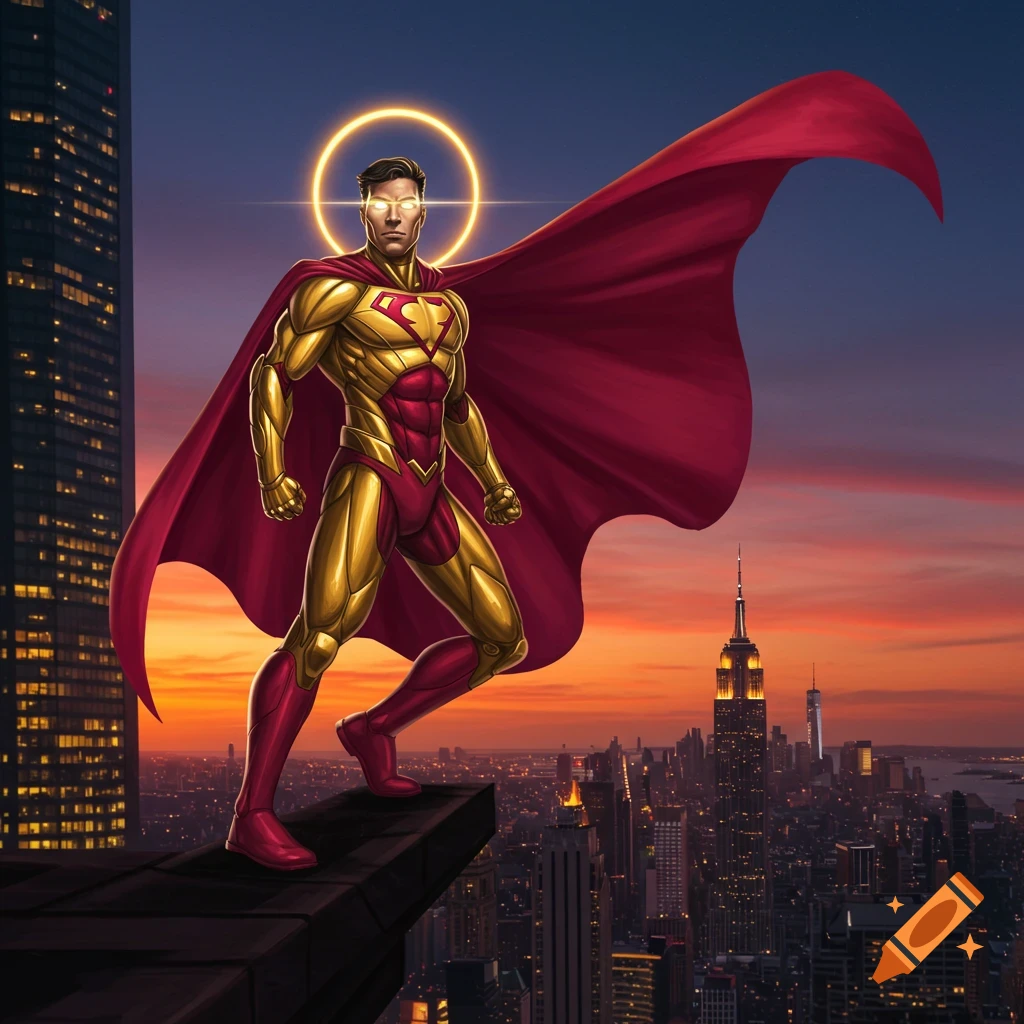 A superhero in a gold and crimson suit with a red cape, glowing eyes, and a golden halo stands on a skyscraper overlooking a city at sunset in a comic art style.