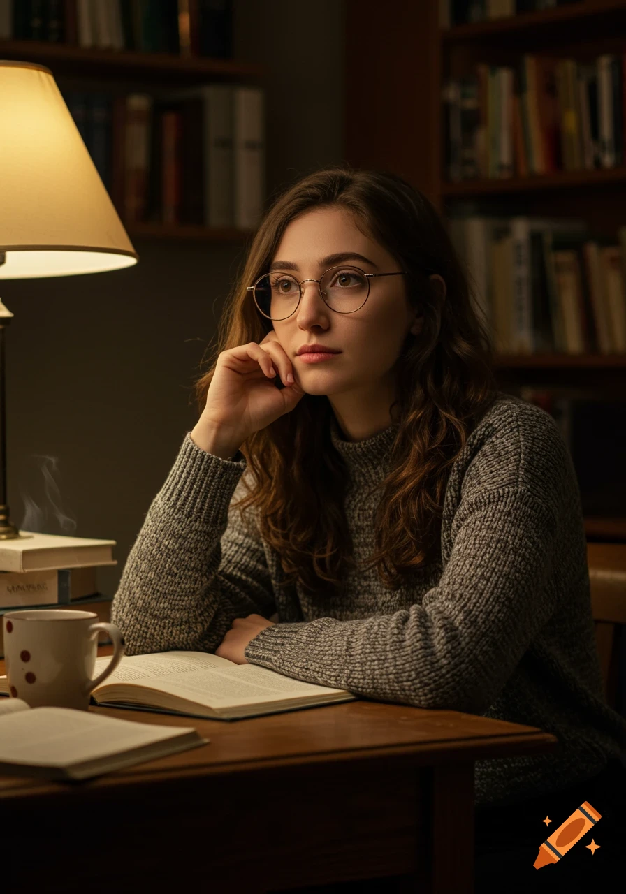 A woman with glasses thoughtfully looks up from her book at a desk under a lamp, surrounded by books.