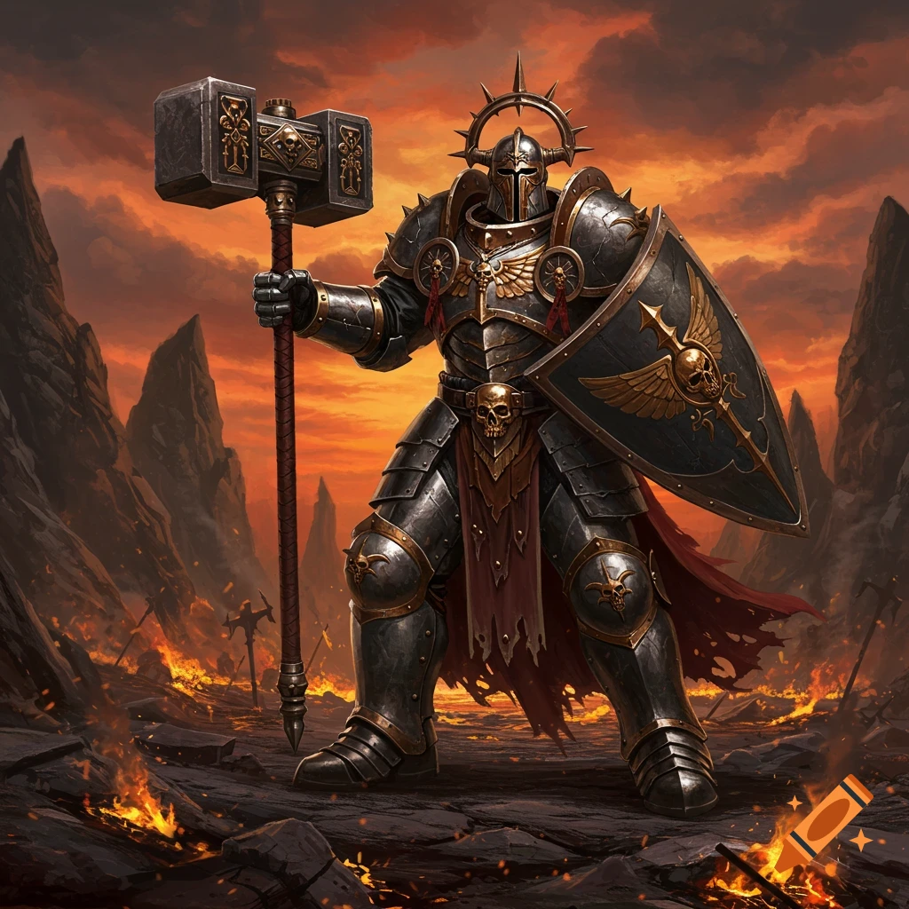A heavily armored knight holding a large warhammer and shield stands in a fiery, desolate landscape under an orange sky, in a detailed heroic fantasy art style.