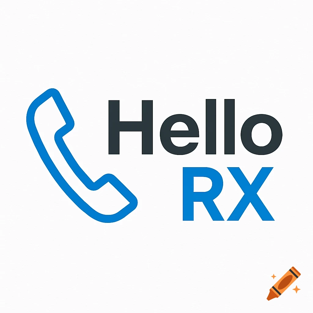 A logo with a blue telephone handset icon next to the words 'Hello' in dark gray and 'RX' in blue on a white background.