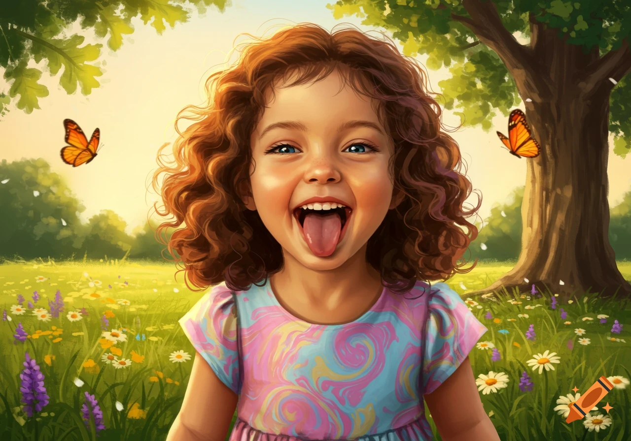 A happy young girl with curly hair sticks out her tongue in a bright, flowery meadow with butterflies.
