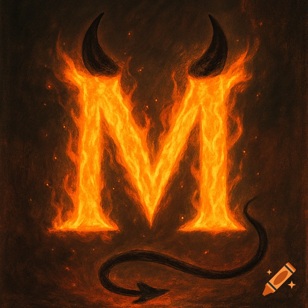 A fiery letter 'M' with devil horns and a demon tail on a dark, textured background.