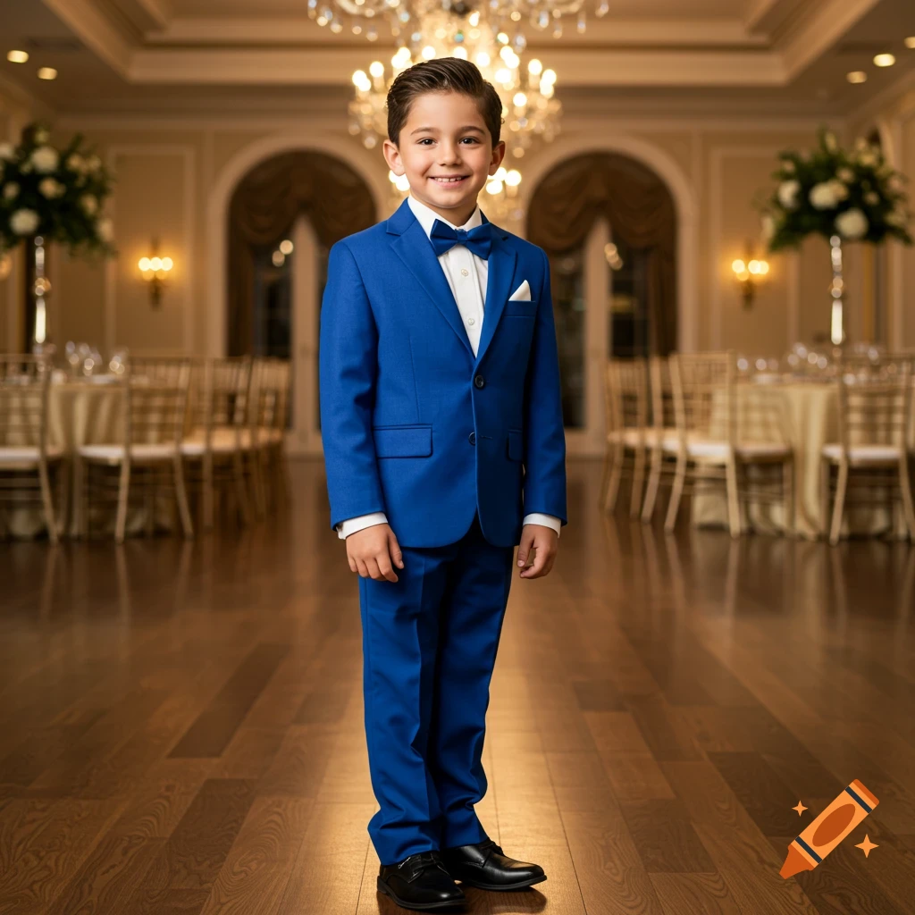 A young boy in a blue suit and bow tie smiles for a full-body portrait in a ballroom.