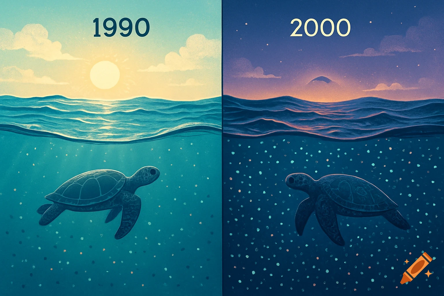 A split image depicting an ocean scene with a sea turtle, showing few microplastics in 1990 and many in 2000.