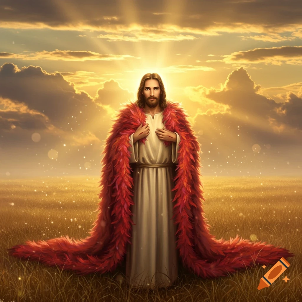 Jesus stands in a golden field under a radiant sky, wearing a long, vibrant red feathered cloak.