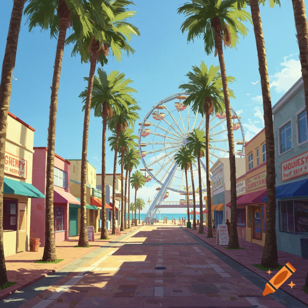 An illustration of a vibrant boardwalk with palm trees and storefronts, leading towards a large ferris wheel overlooking a sunny beach.