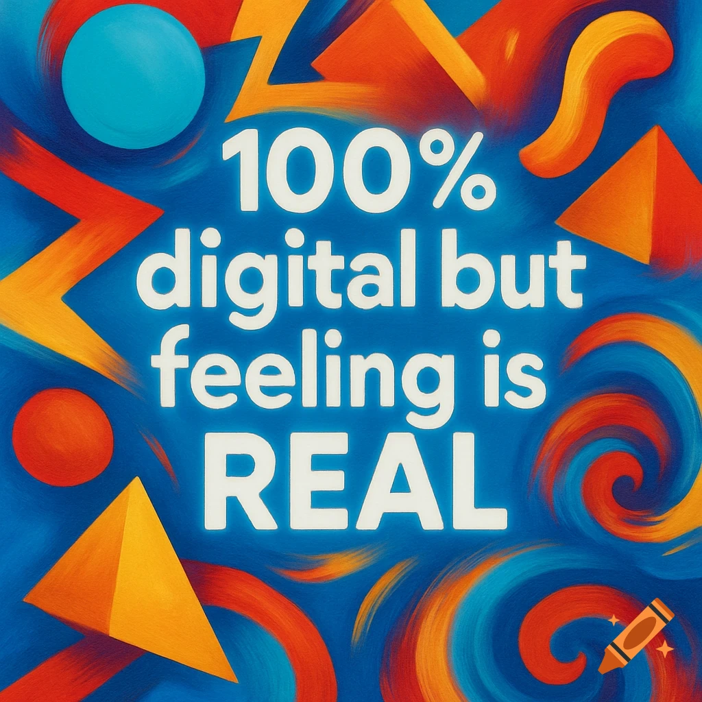 Vibrant abstract image with colorful geometric shapes and swirls on a blue background. White text reads '100% digital but feeling is REAL'.