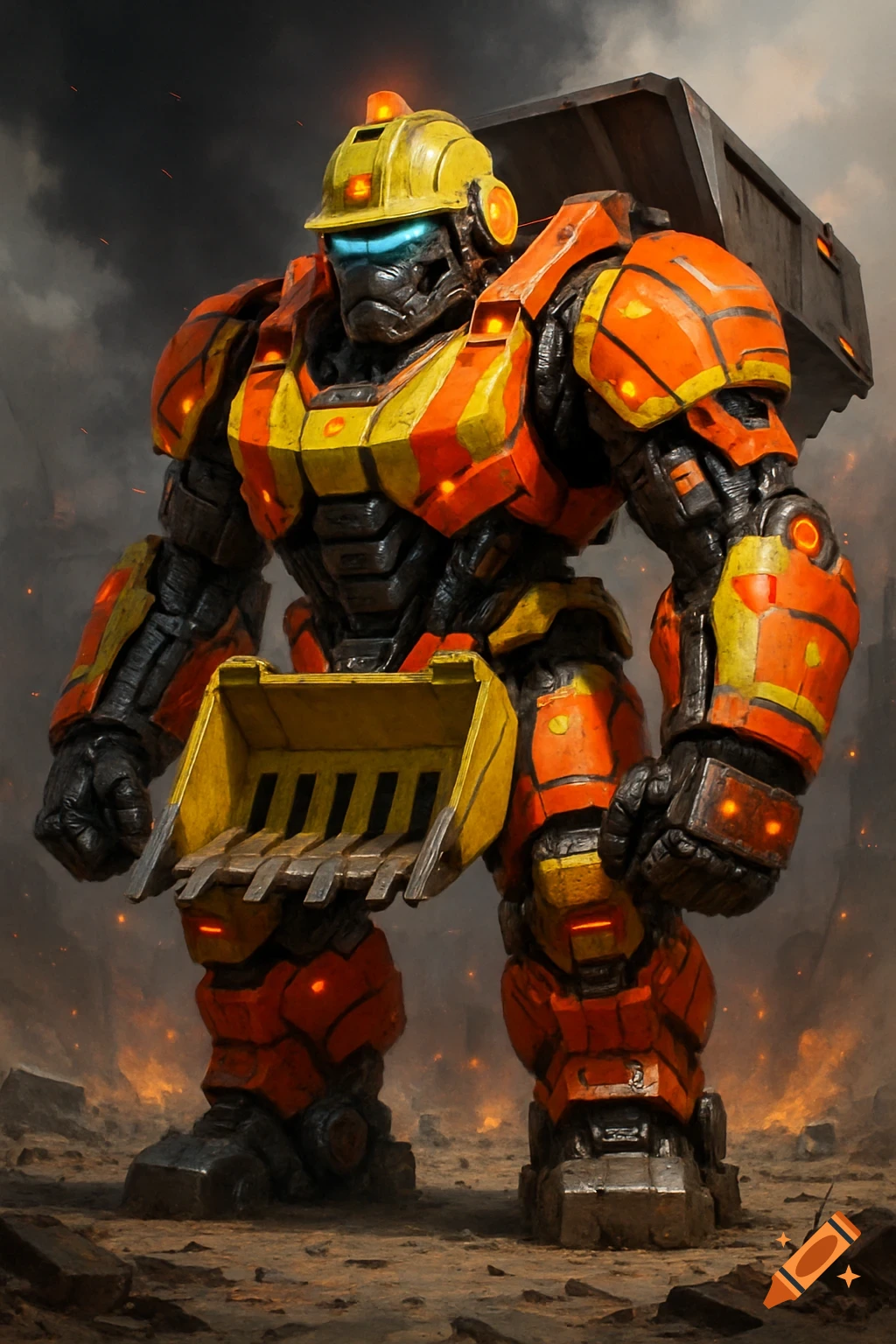 A heavily armored, orange and yellow cybernetic gorilla-construction hybrid robot, wearing a hard hat, stands in a desolate, smoky landscape.