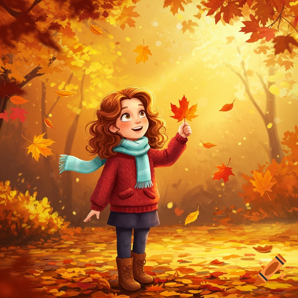 An illustrated young girl with curly brown hair holds a red maple leaf, looking up happily amidst a golden autumn forest with falling leaves.